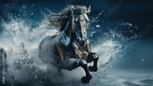 Horse made out of water runs through the water with splashes