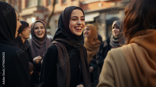 A group of beautiful and stylish Muslim girls on a city street.