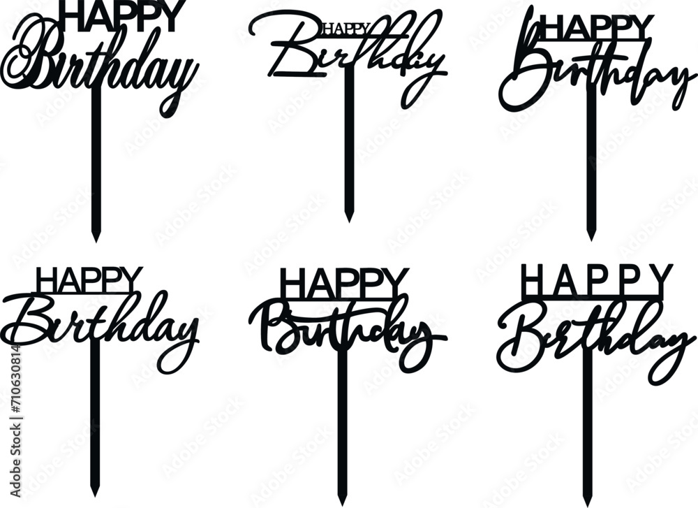 Happy birthday cake topper for laser cutting, vector cake mockup Stock