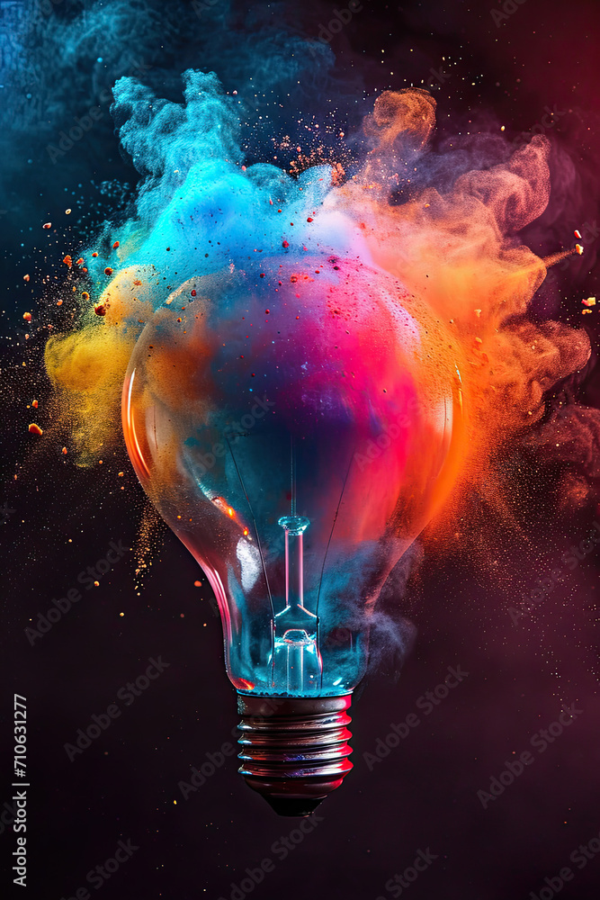 Lightbulb with splashing colorful powder Lightbulb with splashing colorful powder