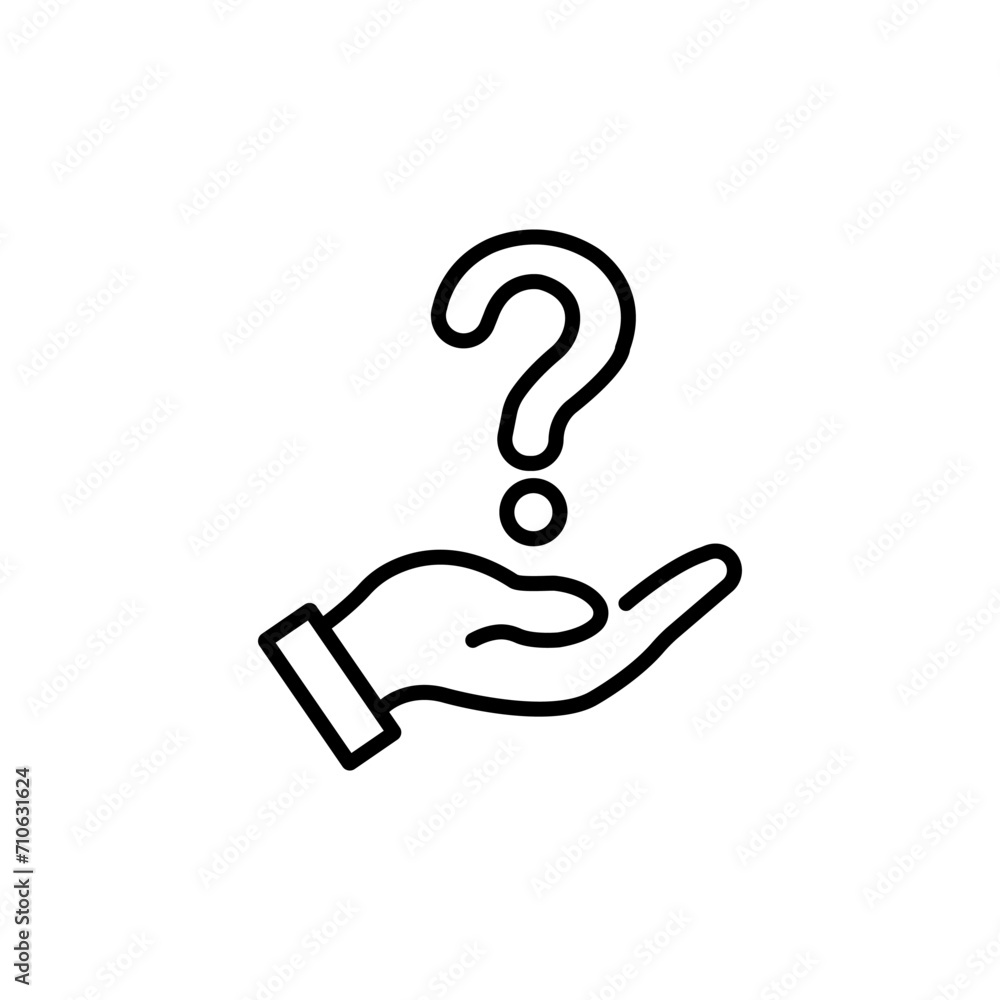 Hand holding question mark icon. Outline style. Why, who, doubt, uncertainty, curious, ask, curiosity, interrogation concept. Vector illustration isolated on white background editable stroke. Hand holding question mark icon. Outline style. Why, who, doubt, uncertainty, curious, ask, curiosity, interrogation concept. Vector illustration isolated on white background editable stroke.