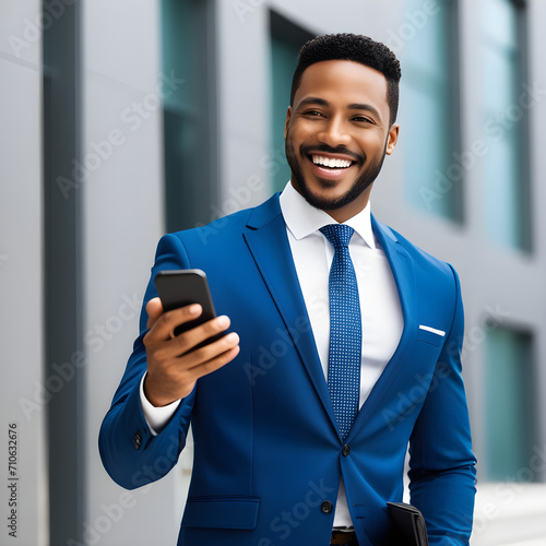 happy african american businessman holding cell phone 