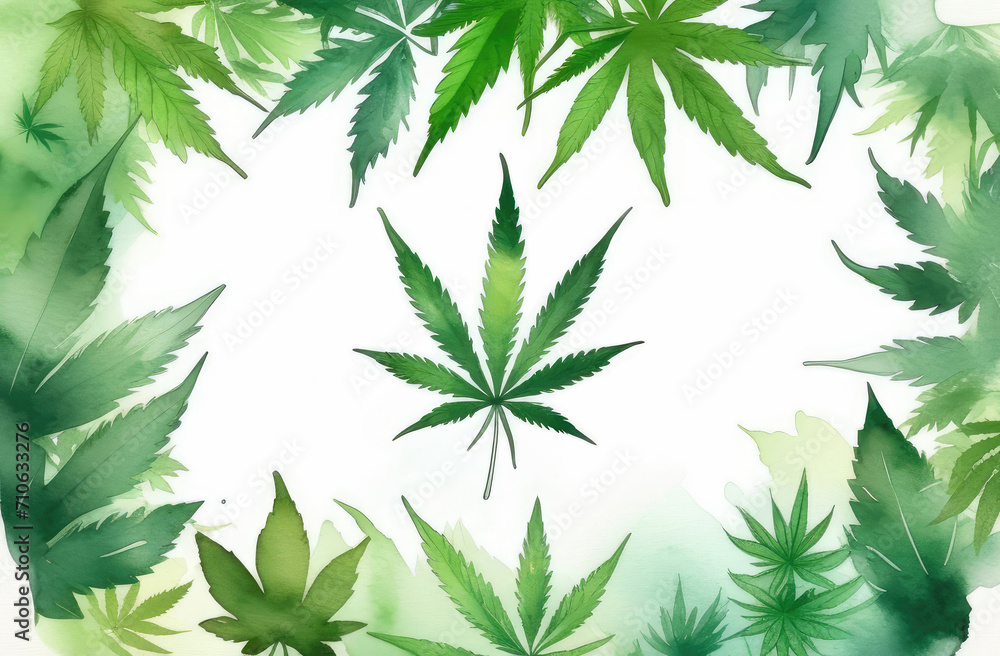 watercolor illustration of marijuana. cannabis leaf in centre of frame of leaves on white background
