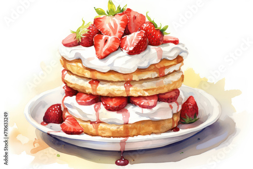 Sweet Breakfast Stack: Delicious Homemade Pancakes with Fresh Strawberries and Blueberries on a Wooden Plate