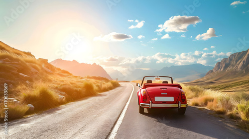 Vintage Convertible Car on Scenic Mountain Road at Sunset Travel Concept