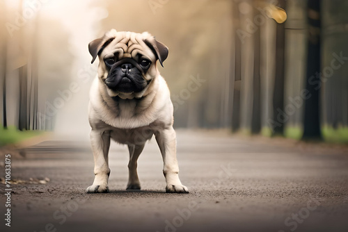A small pug dog in a pine autumn forest on a walk. mops. © Luci