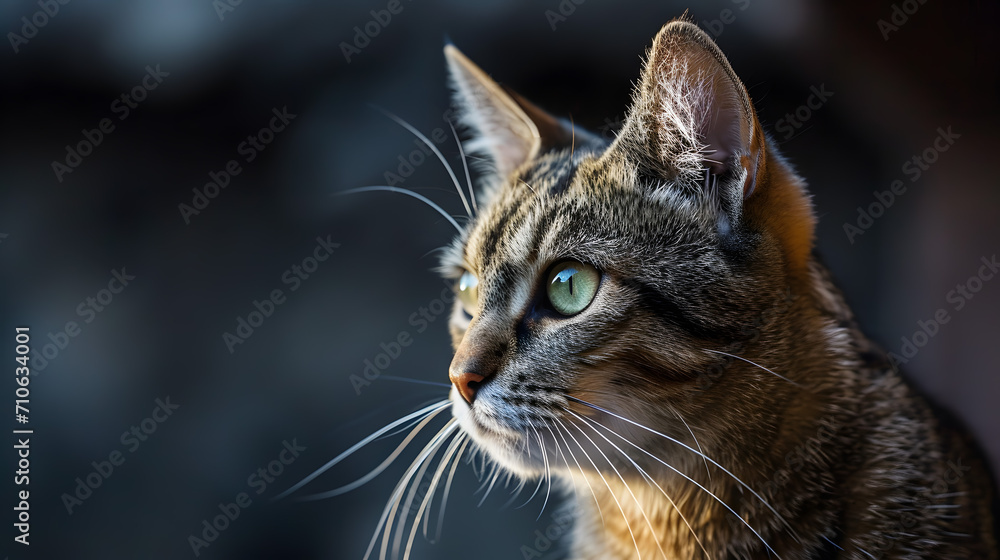 Tabby Cat Profile Closeup with Green Eyes and Whisker Details on Dark Background