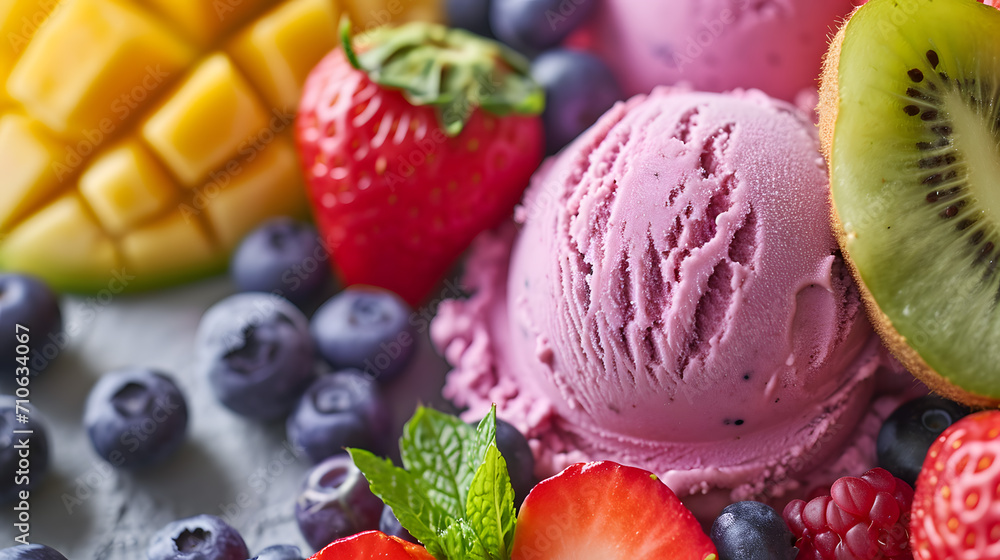 Berry Ice Cream Scoop with Fresh Fruits and Mint Closeup Berry Ice Cream Scoop with Fresh Fruits and Mint Closeup