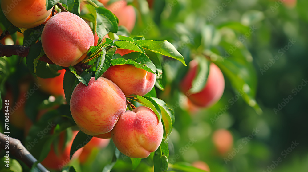 Ripe Peaches Hanging on Tree in Orchard