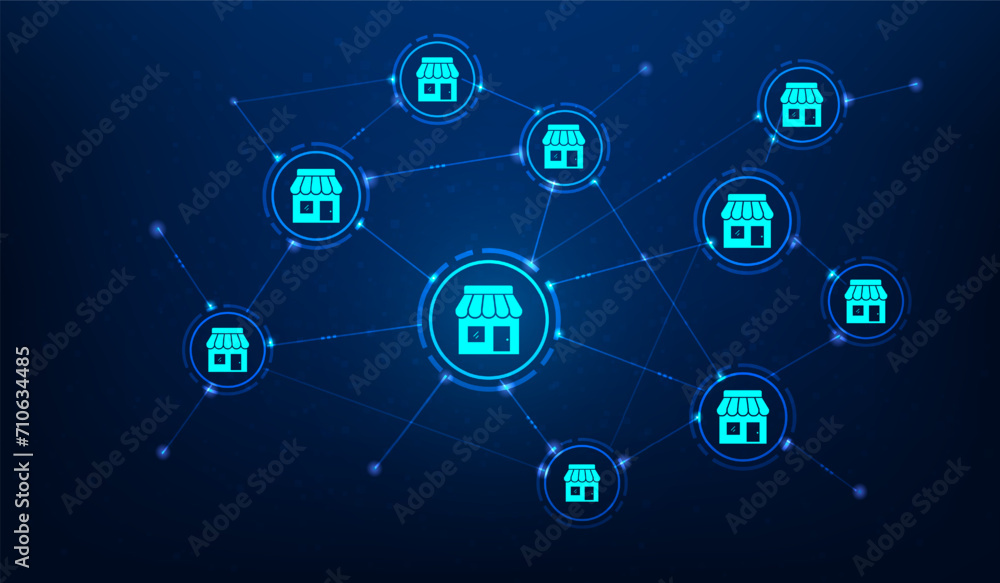 shop franchise branch global digital technology on blue background. business marketing strategy delivery success. vector illustration hi-tech design. shop franchise branch global digital technology on blue background. business marketing strategy delivery success. vector illustration hi-tech design.