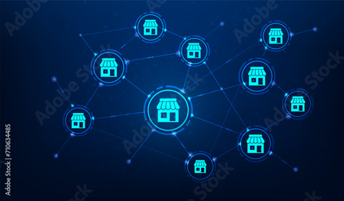 shop franchise branch global digital technology on blue background. business marketing strategy delivery success. vector illustration hi-tech design.