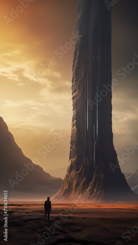 A man standing before a giant monolith on an alien planet photo