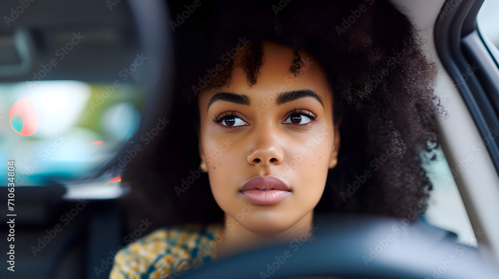Serious African American Woman Looking in Car Rearview Mirror Serious African American Woman Looking in Car Rearview Mirror