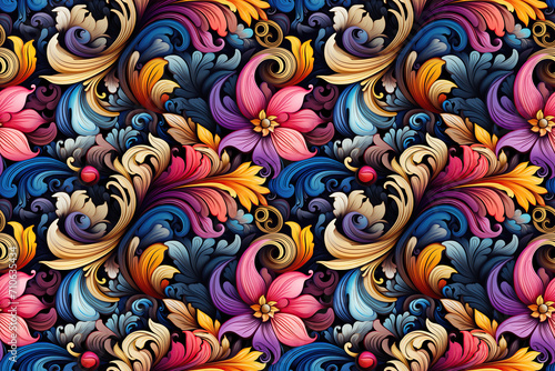 colorful floral seamless pattern with multicolored bright flowers on rainbow background