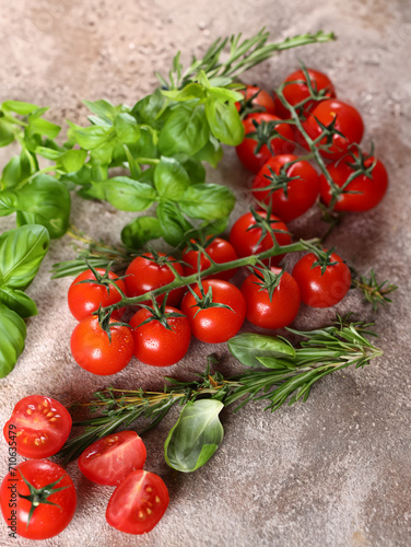 food background with cherry tomatoes and fresh basil