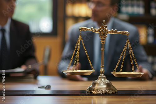 Lawyer in office with brass scale on wooden table justice and law concept