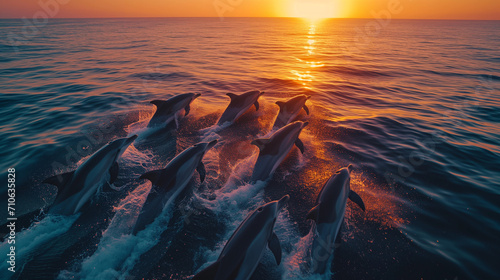 Drone shot of a pod of dolphins