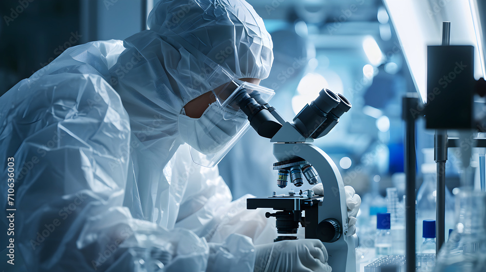 Researcher in a protective mask working in a laboratory of a medical research institute. Creation of innovative medicines and vaccines. Close-up. Researcher in a protective mask working in a laboratory of a medical research institute. Creation of innovative medicines and vaccines. Close-up.