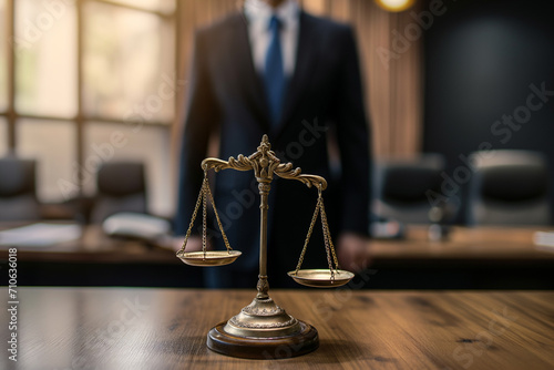 scales of justice, Lawyer in office with brass scale on wooden table justice and law concept