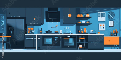 Kitchen Animation, Modern night kitchen interior empty no people house room with furniture
 photo