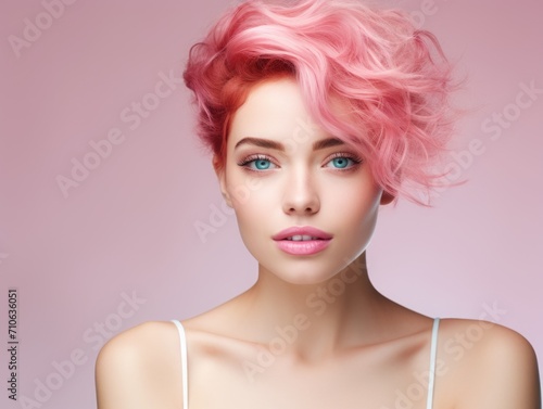 advertising skin care  beautiful woman model  vibrant pink hair  in the style of beauty