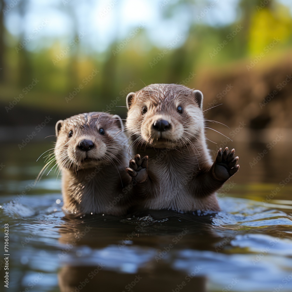 Photo of a pair of playful otters holding hands. Generative AI