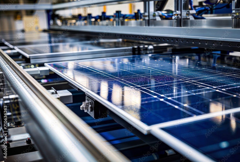 Solar panels on a production line in a modern factory. Industrial background Solar panels on a production line in a modern factory. Industrial background