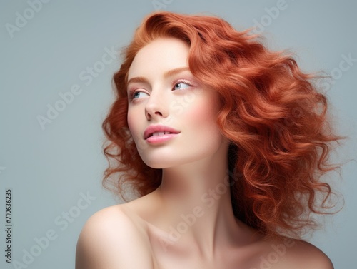 advertising skin care, beautiful woman model, vibrant red hair, in the style of beauty