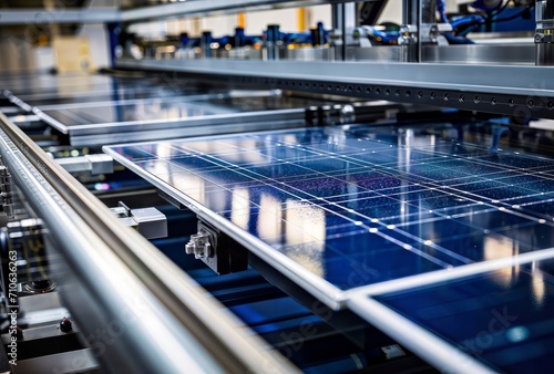 Solar panels on a production line in a modern factory. Industrial background