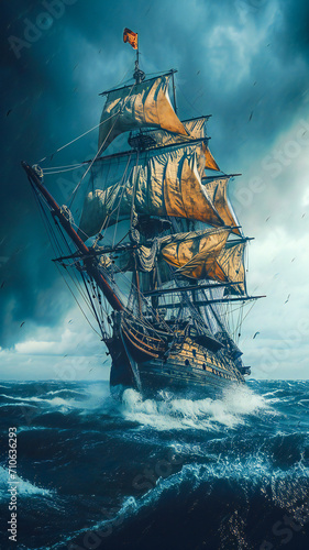 Fotografie, Obraz Big war sail ship on a stormy ocean