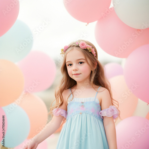 Portrait of a little girl in a blue dress on the background of balloons