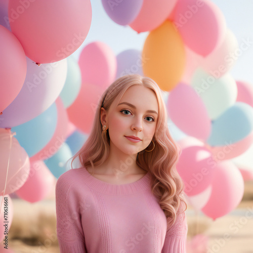 Beautiful young woman with balloons. Outdoor portrait.