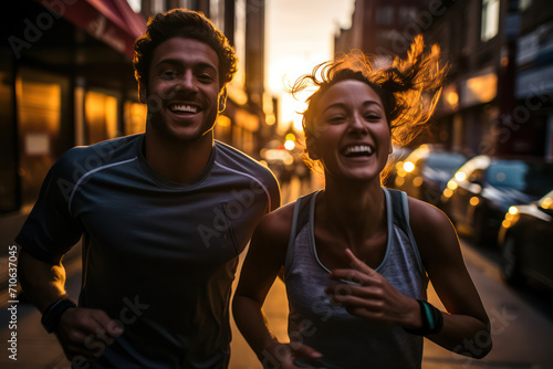 Active Couple Jogging Together in Beautiful Urban Park