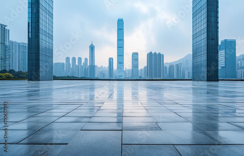 Empty square floors and city skyline with modern buildings scenery 