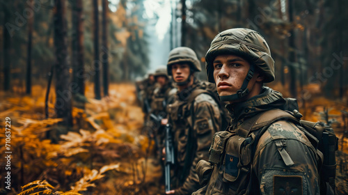 Group of young soldiers in military uniform standing in a forest