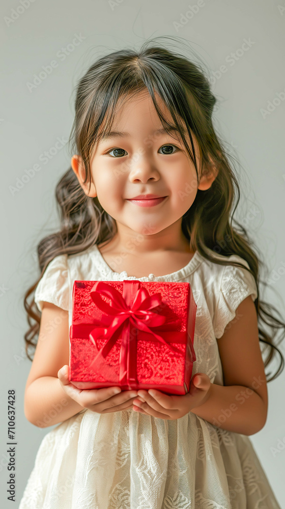 Little Girl with Joyful Smile Holding Red Gift Box, Holiday Celebration Little Girl with Joyful Smile Holding Red Gift Box, Holiday Celebration