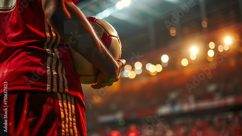 Unrecognizable Football Player Holding Soccer Ball, Stadium Action