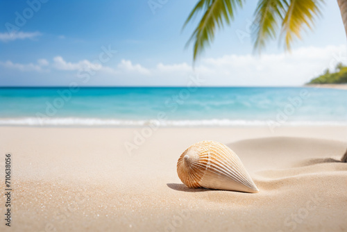 Sand beach with shell  blurred of tropical beach with palm tree calm sea and sky  summer vacation background concept