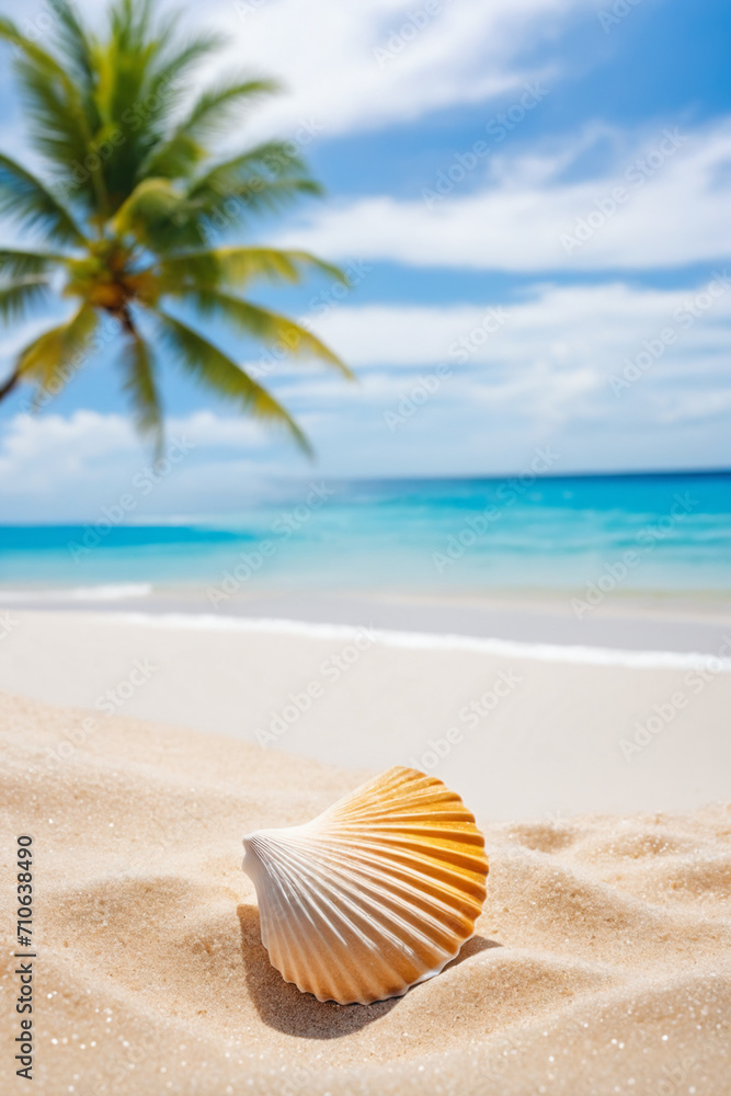 Sand beach with shell, blurred of tropical beach with palm tree calm sea and sky, summer vacation background concept