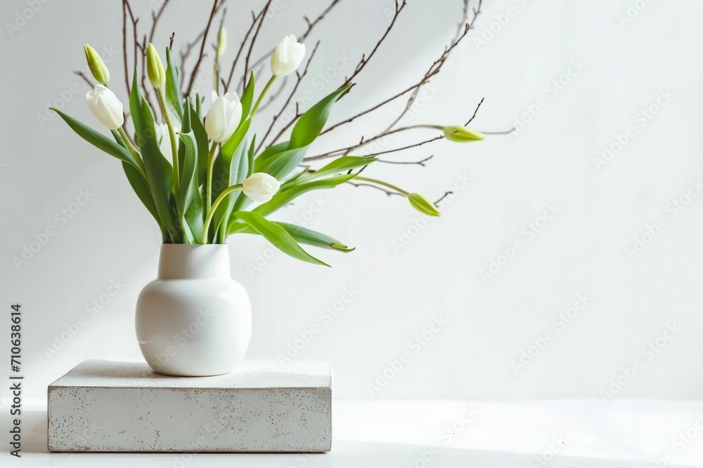 Empty white box and white tulips in a vase on a light background. Mockup banner, podium for display of advertise product. generative ai. Empty white box and white tulips in a vase on a light background. Mockup banner, podium for display of advertise product. generative ai.