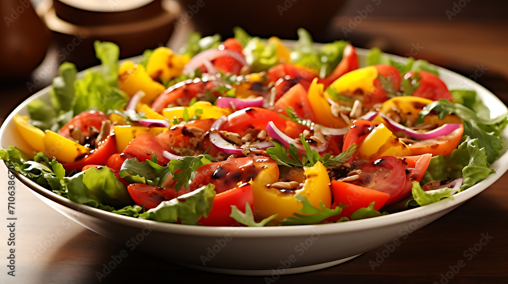  a vibrant summer salad with fresh greens, juicy tomatoes, and colorful bell peppers, capturing the essence of delicious seasonal food in high definition