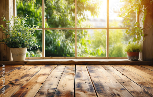 Empty wooden table and window room interior decoration background  product montage display can be used for display or montage your products.Mock up for display of product.