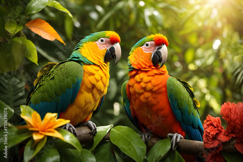 A group of parrots in a forest
