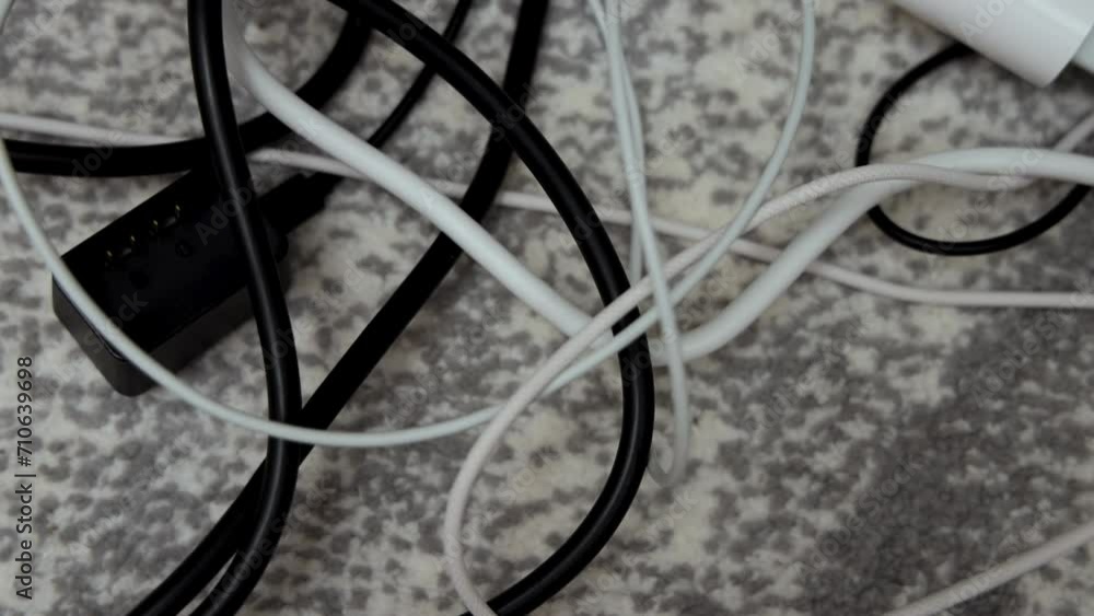 tangled cables white and black on carpet floor tangled cables white and black on carpet floor