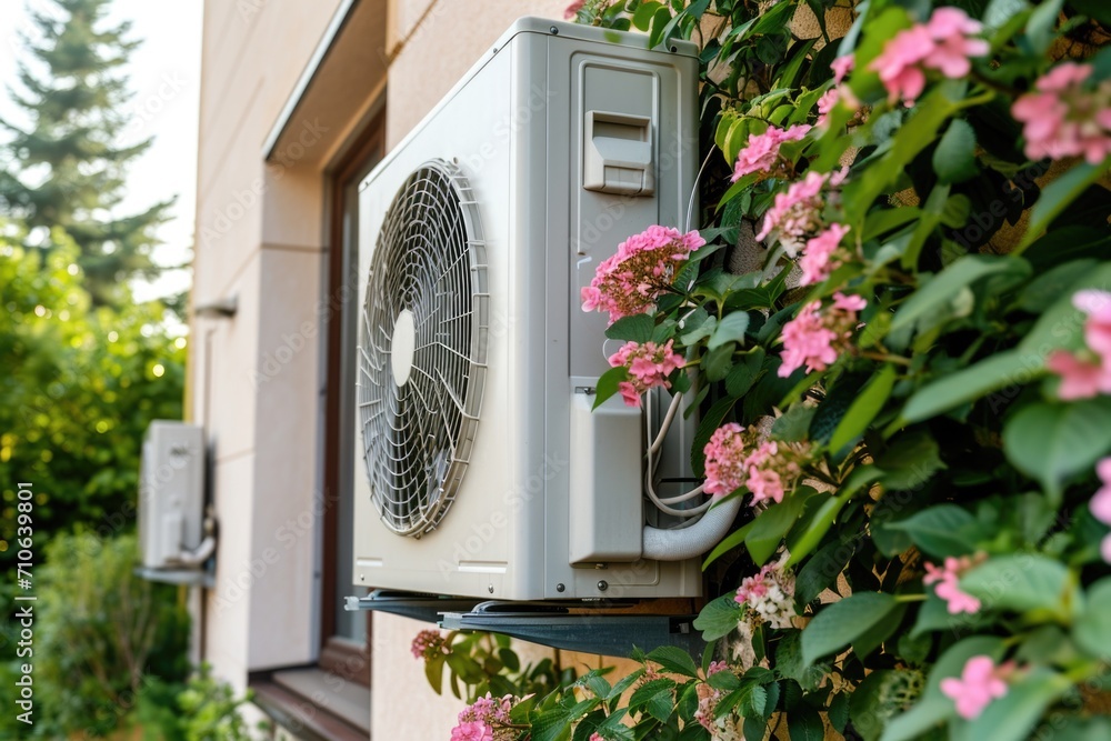 An air conditioner sitting on the side of a building. Suitable for architectural and construction concepts An air conditioner sitting on the side of a building. Suitable for architectural and construction concepts