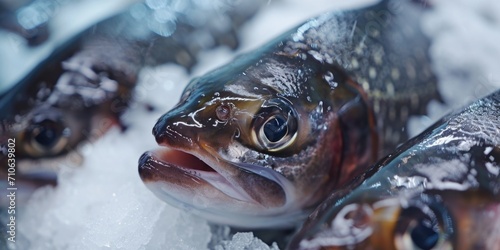 A detailed close-up of a fish resting on a pile of ice. Suitable for various uses