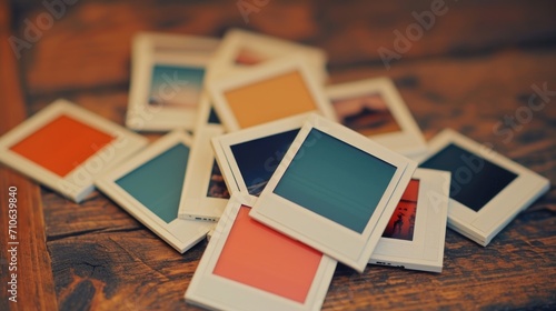 A pile of polaroids sitting on top of a wooden table. Perfect for nostalgic memories and capturing special moments photo