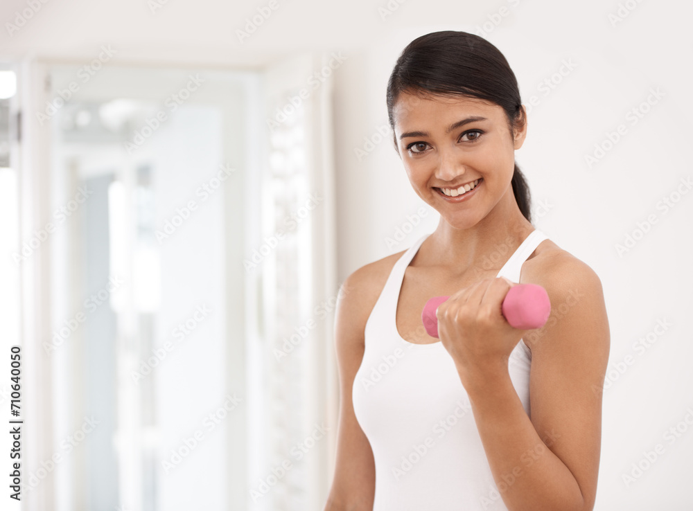 Woman, portrait and dumbbells for fitness at gym, workout and strong biceps or muscle growth. Happy female person, smiling and weightlifting or exercise and training, equipment and tools for athlete Woman, portrait and dumbbells for fitness at gym, workout and strong biceps or muscle growth. Happy female person, smiling and weightlifting or exercise and training, equipment and tools for athlete