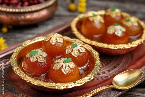Metallic charm Indian dessert Gulab Jamun in a traditional bowl photo