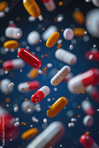 A bunch of pills flying through the air. Ideal for healthcare and pharmaceutical concepts